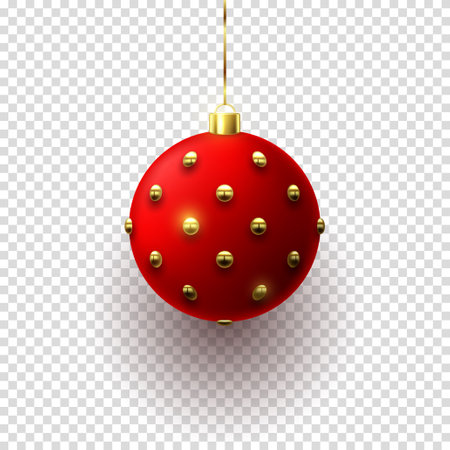 Realistic Christmas ball isolated on checkered background. Holiday red and golden Christmas ball for festive decoration. vector illustration.のイラスト素材
