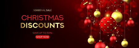 Christmas sale horizontal banner. Holiday background with realistic red and gold Christmas balls and golden confetti on dark background with bokeh effect. vector illustration.のイラスト素材