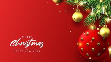 Merry Christmas and Happy New Year banner. Holiday background with realistic Christmas balls, sparkling light garlands, fir-tree branches and confetti. vector illustration.のイラスト素材