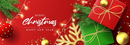 Merry Christmas and Happy New Year banner. Holiday background with realistic gift boxes, Christmas balls, sparkling light garlands, fir-tree branches, snowflakes and confetti. vector illustration.のイラスト素材
