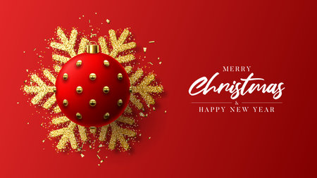 Merry Christmas and Happy New Year banner. Holiday background with realistic Christmas ball, golden snowflake and confetti. vector illustration.のイラスト素材