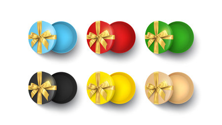 Set of round gift boxes isolated on white background. Holiday realistic open paper gift boxes with golden satin bows for Christmas, New Year, Birthday decoration. vector illustration.のイラスト素材
