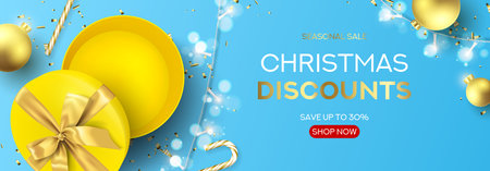 Merry Christmas and Happy New Year banner. Holiday background with round open gift box, Christmas balls, candy canes, sparkling light garland and confetti on blue background. vector illustration.のイラスト素材