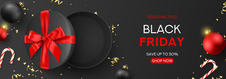 Black Friday sale banner template. Holiday background with round gift box, Christmas balls, candy canes and confetti on dark background. Horizontal banner for Black Friday sale. vector illustration.のイラスト素材