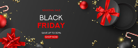 Black Friday sale banner template. Holiday background with round gift boxes, Christmas balls, candy canes and confetti on dark background. Horizontal banner for Black Friday sale. vector illustration.のイラスト素材