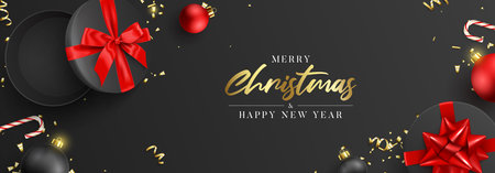 Merry Christmas and Happy New Year banner. Holiday background with round open gift boxes, Christmas balls, candy canes, golden serpentine and confetti on black background. vector illustration.のイラスト素材