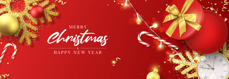 Merry Christmas and Happy New Year banner. Holiday background with round open gift box, Christmas balls, candy canes, golden serpentine, snowflake and confetti. vector illustration.のイラスト素材