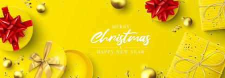 Merry Christmas and Happy New Year banner. Holiday background with gift boxes, Christmas balls, golden serpentine and confetti on yellow background. vector illustration.のイラスト素材