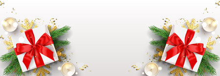 Merry Christmas and Happy New Year banner. Holiday background with realistic gift box, candles, fir-tree branches, golden serpentine, snowflake and confetti on white background. vector illustration.のイラスト素材