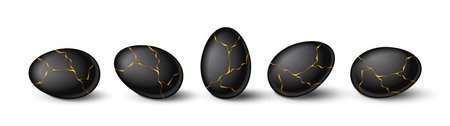 Set of realistic black eggs with gold liquid. Realistic black eggs in different positions. Vector illustration with 3d decorative objects for Easter design.のイラスト素材