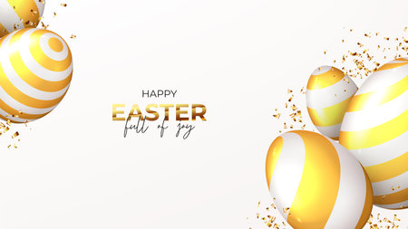 Happy Easter holiday banner. White eggs with golden stripes and golden confetti. Vector illustration with 3d decorative objects. greeting banner.のイラスト素材