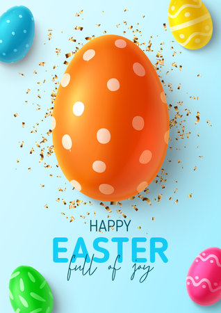 Happy Easter holiday flyer. Top view on color eggs with Easter decoration and golden confetti. Vector illustration with 3d decorative objects.のイラスト素材