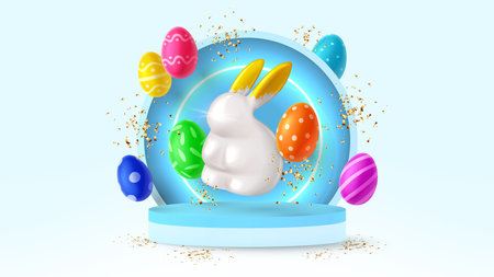 Happy Easter holiday banner. Color eggs with Easter decoration, porcelain rabbit and golden confetti on podium and neon circle. Vector illustration with 3d decorative objects.のイラスト素材