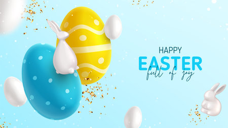 Happy Easter holiday banner. Color eggs with Easter decoration, porcelain rabbit, bunny and golden confetti on blue background. Vector illustration with 3d decorative objects.のイラスト素材