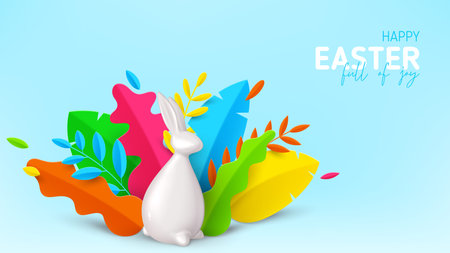 Happy Easter holiday banner. Porcelain rabbit with color paper decorative leaves on blue background. Vector illustration with 3d decorative objects.のイラスト素材
