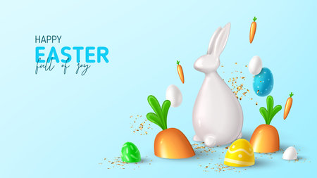 Happy Easter holiday banner. Color eggs with Easter decoration, porcelain rabbit, white eggs, carrots and golden confetti on blue background. Vector illustration with 3d decorative objects.のイラスト素材