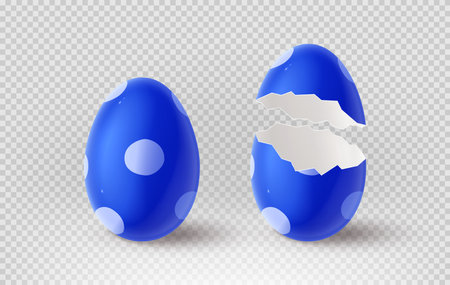 Blue cracked egg isolated on checkered background. Realistic eggshells. Vector illustration with 3d decorative object for Easter design.のイラスト素材