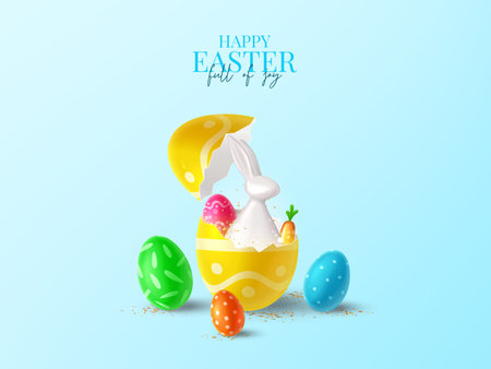 Happy Easter holiday banner. Color eggs with Easter decoration, porcelain rabbit in broken egg and golden confetti on blue background. Vector illustration with 3d decorative objects.のイラスト素材