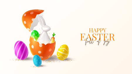 Happy Easter holiday banner. Festive background with color eggs with Easter decoration, porcelain rabbit in broken egg and golden confetti. Vector illustration with 3d decorative objects.のイラスト素材