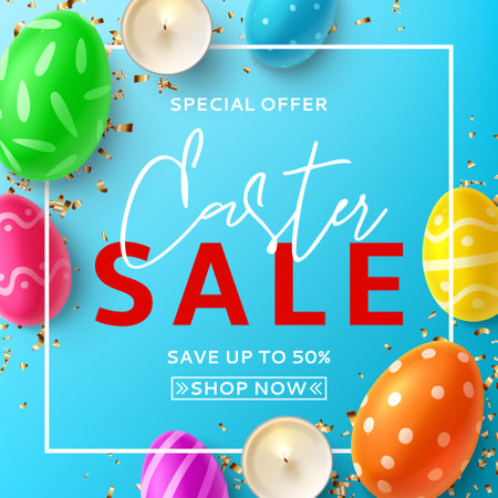 Easter sale banner card. Top view on color eggs with Easter decoration, burning candles and confetti on blue background. Vector illustration with 3d decorative objects.のイラスト素材