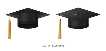 Realistic graduation cap or mortar board. Graduation university or college black cap isolated on white background. vector illustration. Vector element for degree ceremony design.のイラスト素材