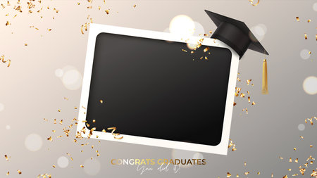Banner for design of graduation. Blank photo frame with graduation cap, confetti and serpentine on background with bokeh effect. congratulations graduates. Vector illustration for degree ceremony.のイラスト素材