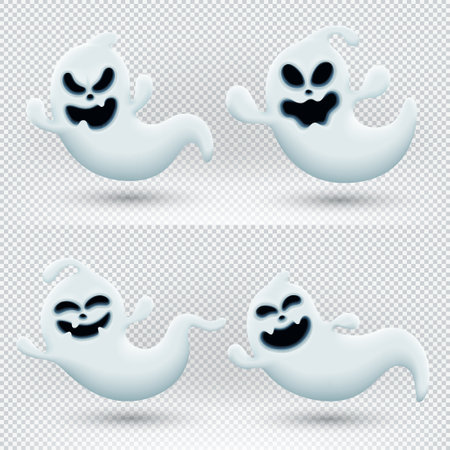 Vector illustration with set of funny ghosts. Realistic ghosts isolated on transparent background. Vector illustration of 3d symbols of halloween.のイラスト素材
