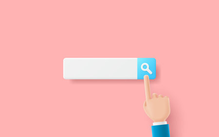 Cartoon finger press search icon or magnifying glass icon. Blank search bar with cartoon hand of...