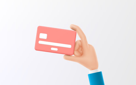 Cartoon hand of businessman holds debit or credit card. Vector illustration of concept of contactless payment or online shopping and online banking. 3d illustration with debit or credit card.のイラスト素材