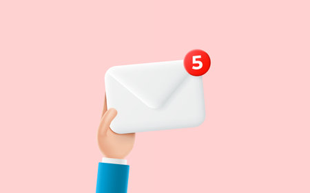 Cartoon hand of businessman holds envelope with new emails. Concept of notification of new emails. 3d vector illustration with hand and white envelope.のイラスト素材
