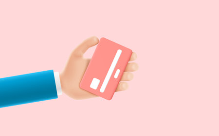 Cartoon hand of businessman holds debit or credit card. Vector illustration of concept of contactless payment or online shopping and online banking. 3d illustration with debit or credit card.のイラスト素材