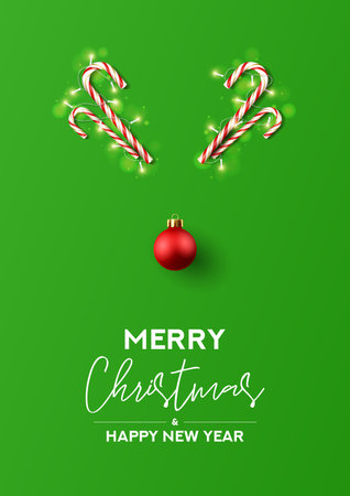 Merry Christmas and Happy New Year poster. Minimal vector illustration with candy canes, Christmas red ball and sparkling garlands on green background.のイラスト素材