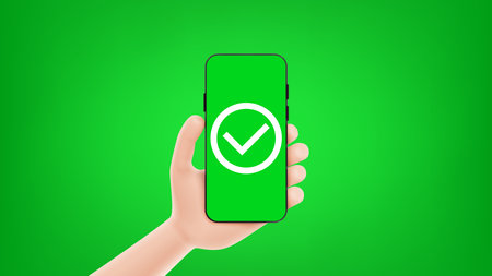 Cartoon hand holding smartphone with check mark. Template of smartphone with check mark in cartoon hand isolated on green background. Vector illustration with mobile device concept.のイラスト素材