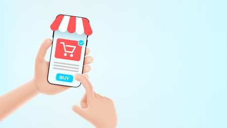 Template of banner with online shopping concept. Cartoon hands hold smartphone with shopping app and touch online cart. Vector illustration with concept of mobile marketing and e-commerce.のイラスト素材
