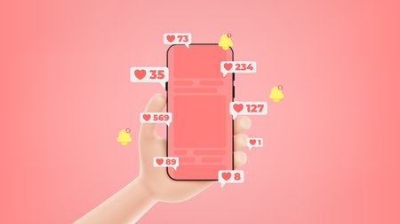 Banner of concept of social media with likes. Cartoon hand holds smartphone with likes symbols and bells. Vector illustration with social media app.のイラスト素材