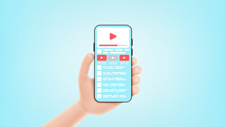 Banner of concept of online video app. Cartoon hand holds smartphone with online video player. Vector illustration with mobile video streaming app.のイラスト素材
