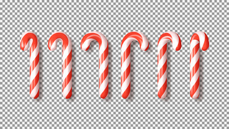 Set of red Xmas candy canes isolated on checkered background. 3d realistic holiday sweets. Templates of candies for Christmas and New Year cards, posters, banners, flyers. vector illustration.のイラスト素材