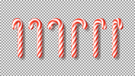 Set of red Xmas candy canes isolated on checkered background. 3d realistic holiday sweets. Templates of candies for Christmas and New Year cards, posters, banners, flyers. vector illustration.のイラスト素材
