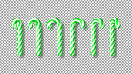 Set of green Xmas candy canes isolated on checkered background. 3d realistic holiday sweets. Templates of candies for Christmas and New Year cards, posters, banners, flyers. vector illustration.のイラスト素材