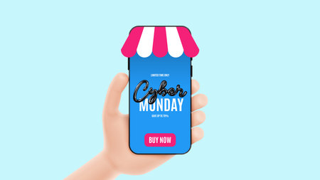 Cyber Monday Sale banner. Cartoon hand holds smartphone with ad of seasonal discount offer. Cyber Monday 3d lettering for decoration promotional discount event, banners, posters. vector illustration.のイラスト素材