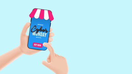 Cyber Monday Sale banner. Cartoon hand holds smartphone with ad of seasonal discount offer. Cyber Monday 3d lettering for decoration promotional discount event, banners, posters. vector illustration.のイラスト素材