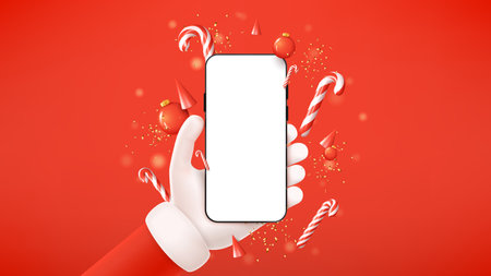 Merry Christmas and Happy New Year banner. Vector illustration with Christmas composition. Hand of Santa Claus holds smartphone and shows blank screen. Happy New Year card with mobile device.のイラスト素材