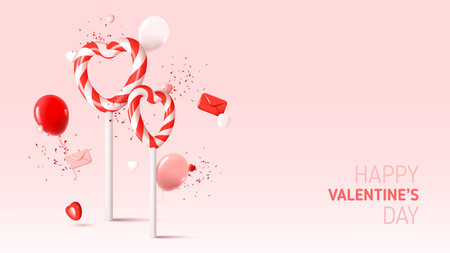 Happy Valentine's Day greeting banner. Vector illustration with abstract composition for Valentine's Day. Holiday decoration design with 3d symbols and elements. holiday card.のイラスト素材