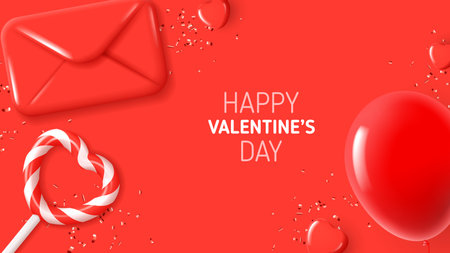 Happy Valentine's Day background. Vector illustration with lollipop, envelope, hearts, balloon and confetti on red background. holiday card. Holiday decoration design.のイラスト素材