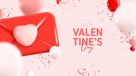Happy Valentine's Day greeting banner. Holiday decoration design with abstract 3d composition for Valentine's Day. Vector illustration with, envelope, hearts, balloons and confetti. holiday card.のイラスト素材