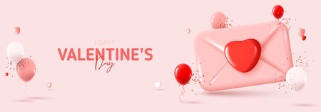Happy Valentine's Day greeting banner. Holiday decoration design with abstract 3d composition for Valentine's Day. Vector illustration with, envelope, hearts, balloons and confetti. holiday card.のイラスト素材