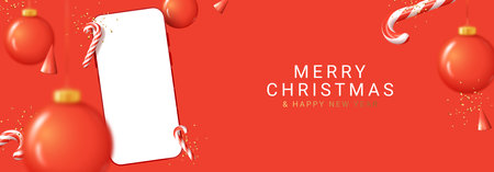 Merry Christmas and Happy New Year banner. Holiday mockup with smartphone with blank screen. Vector illustration with Christmas composition. Happy New Year card with mobile device.のイラスト素材