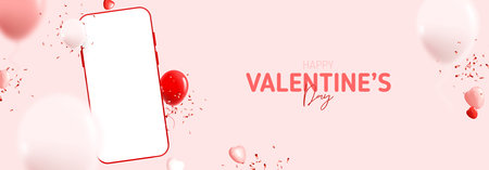 Happy Valentine's Day holiday banner. Vector illustration with smartphone, hearts, balloons and confetti. Holiday decoration design with abstract 3d composition for Valentine's Day. holiday mockup.のイラスト素材