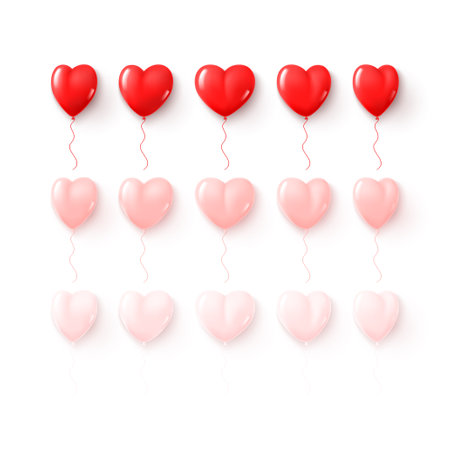 Set of balloons isolated on white background. Vector illustration with realistic red balloons in the shape of a heart. Collection of holiday symbols for Valentine's Day decoration design.のイラスト素材