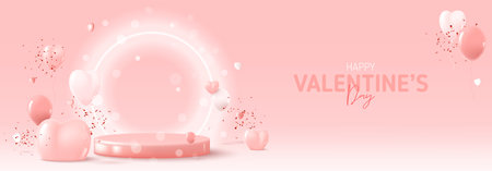 Happy Valentine's Day holiday banner. Greeting background with abstract 3d composition for Valentine's Day. Vector illustration with hearts, balloons and confetti on podium with neon circle.のイラスト素材